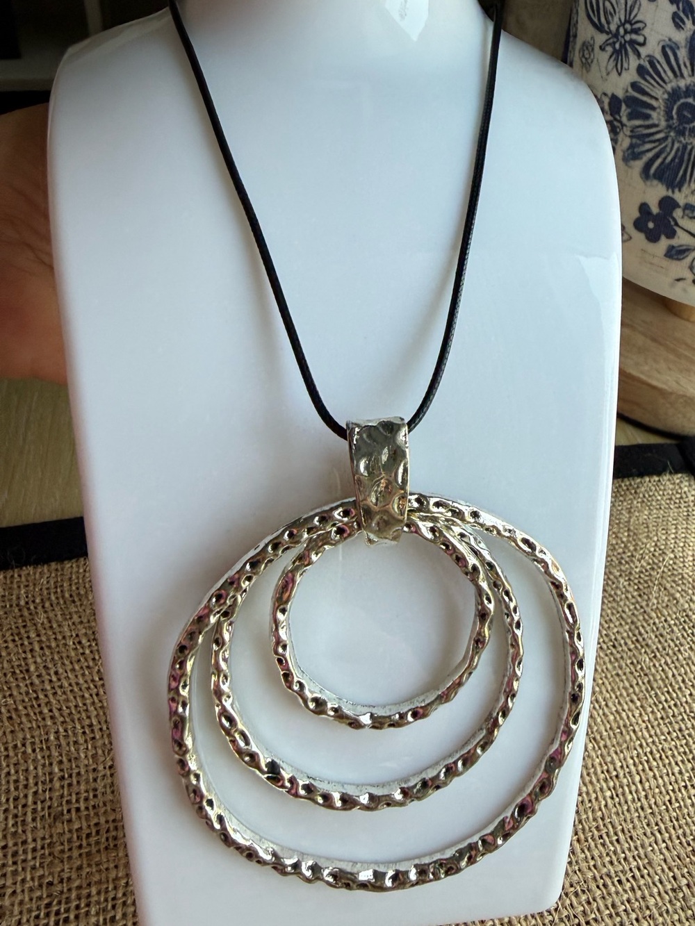 Silver Hammered Triple Hoop Pendant Necklace - Women Jewelry